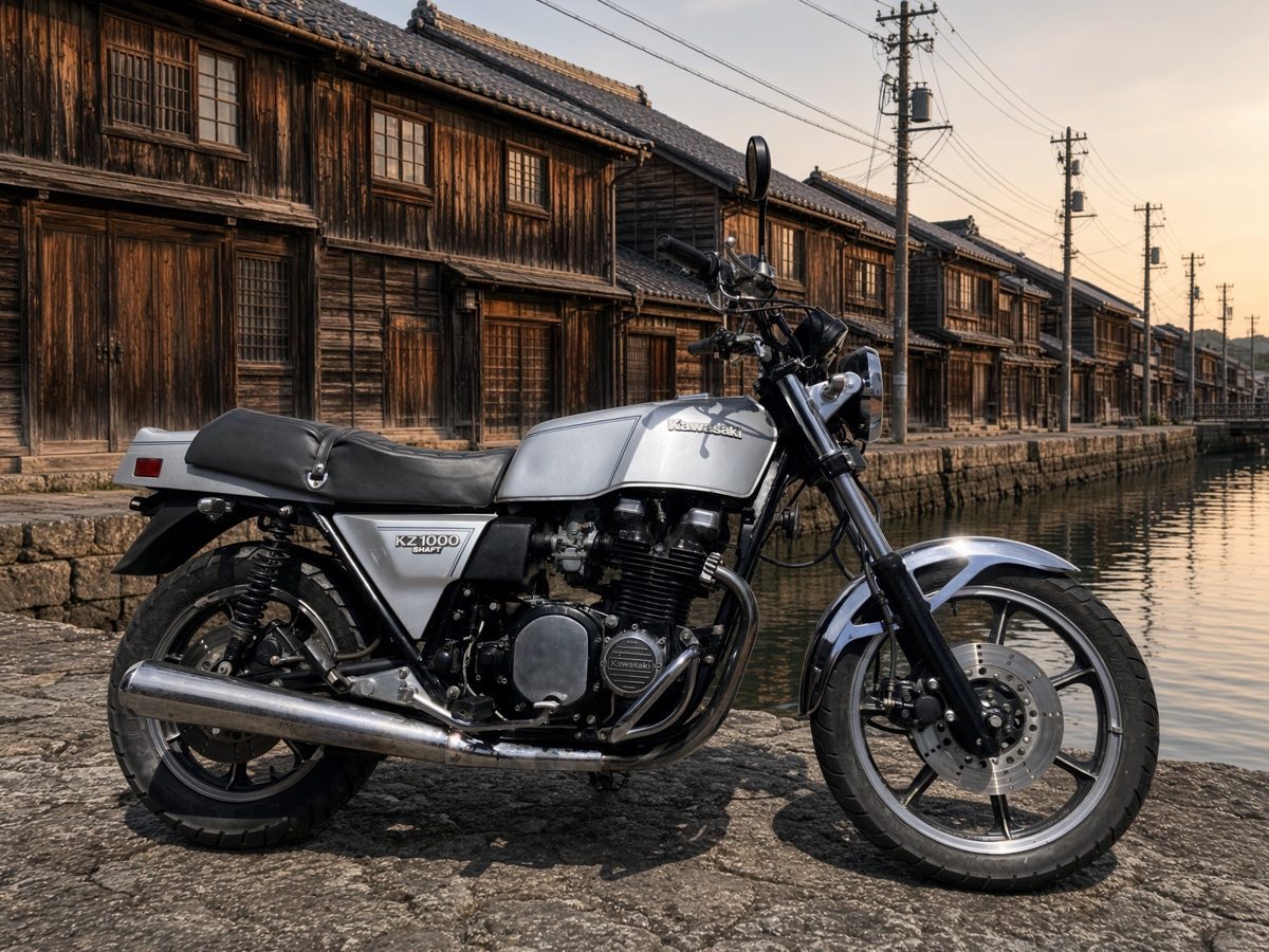 カワサキ Z1000ST（KZ1000 SHAFT）シルバー 古い町並みを背景に